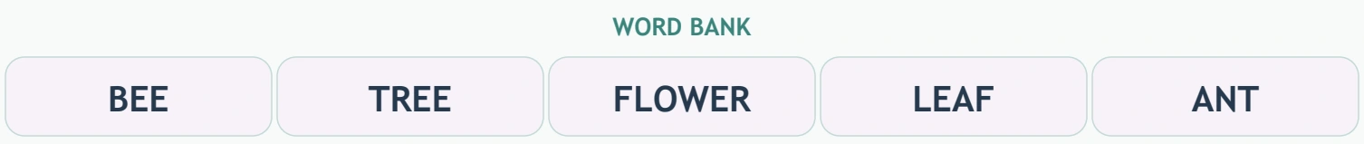 Garden Picture Crossword: garden bank view BEE, TREE, FLOWER, LEAF and ANT appear completely in the garden word-bank strip.