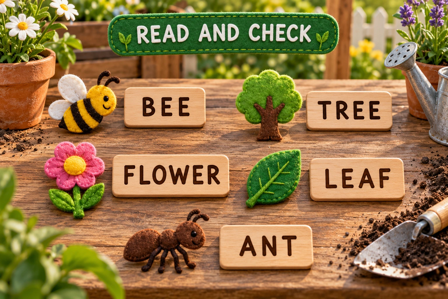 Original tactile play scene for garden picture crossword BEE, TREE, FLOWER, LEAF and ANT labels sit beside their matching garden models.