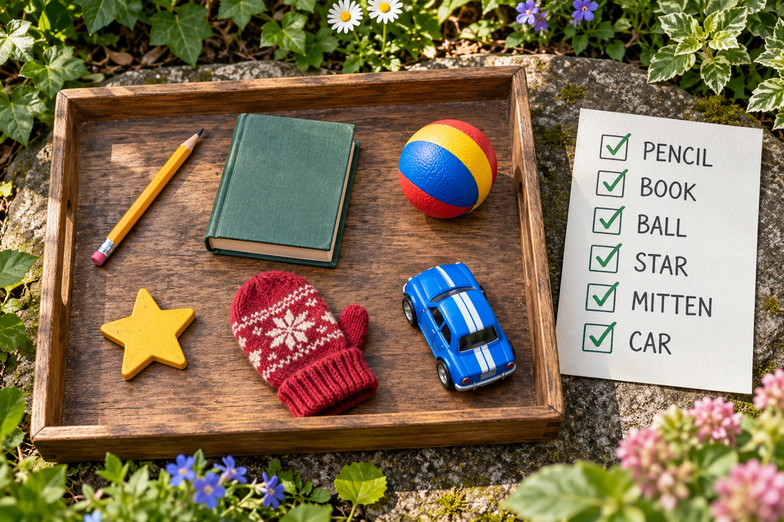 Original tactile play scene for garden hidden pictures A six-object tray sits beside a completed PENCIL, BOOK, BALL, STAR, MITTEN and CAR checklist.