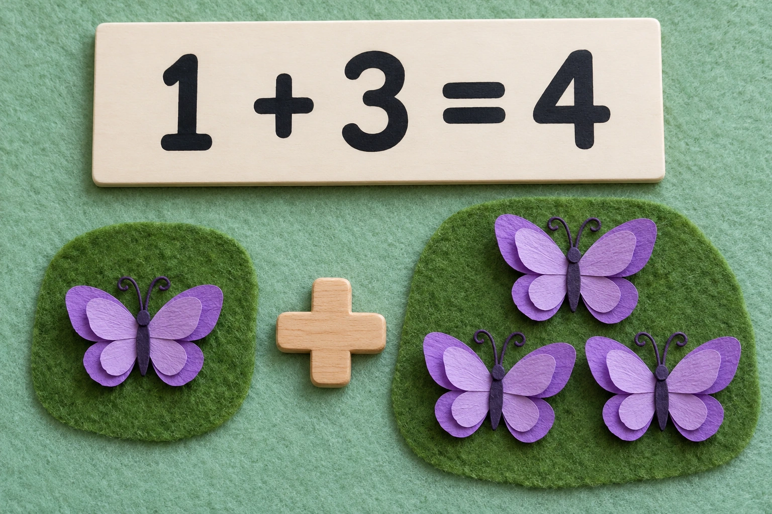 A butterfly display translates small groups into numerals One paper butterfly on one felt patch and three on another beside 1 + 3 = 4