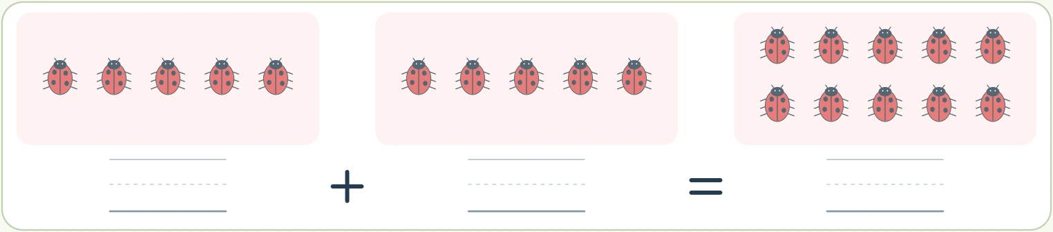 The last garden record uses a two-digit total Five ladybugs and five ladybugs above the guides for 5 + 5 = 10
