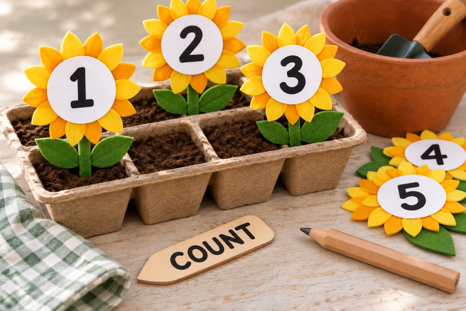 Felt sunflowers numbered 1 through 5 beside a COUNT marker and pencil
