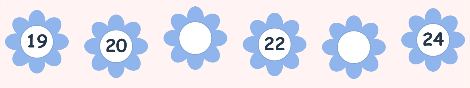 Blue flowers carrying 19, 20, 22 and 24 with two empty centers