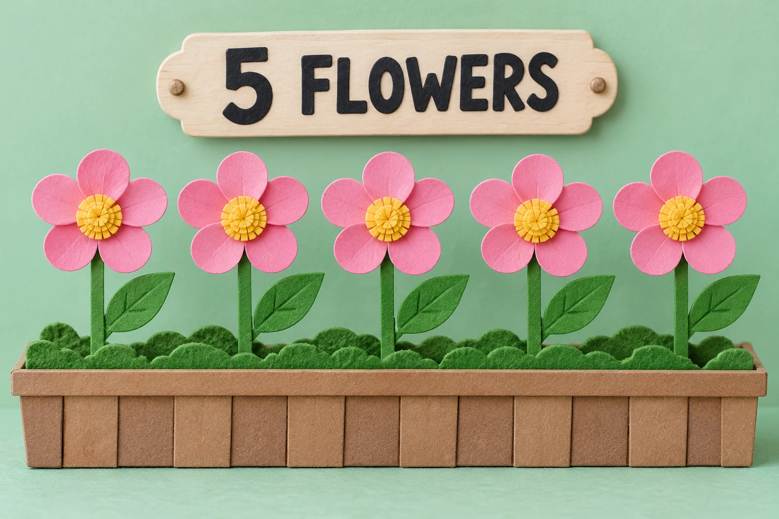 Five handmade pink flowers in a planter beneath a readable 5 FLOWERS plaque