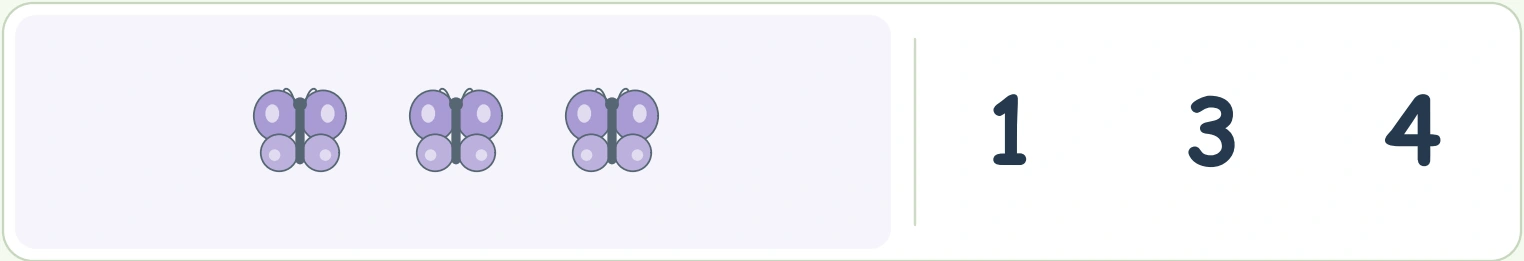 Three butterfly pictures with numeral options 1, 3 and 4