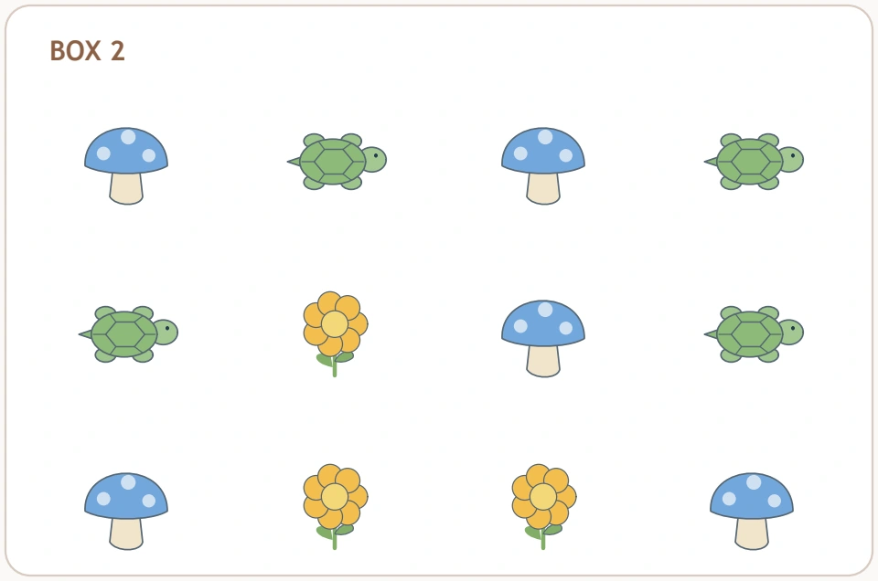 Garden Counting Zones: garden two view The lower garden box contains flowers, mushrooms and turtles in three mixed rows.