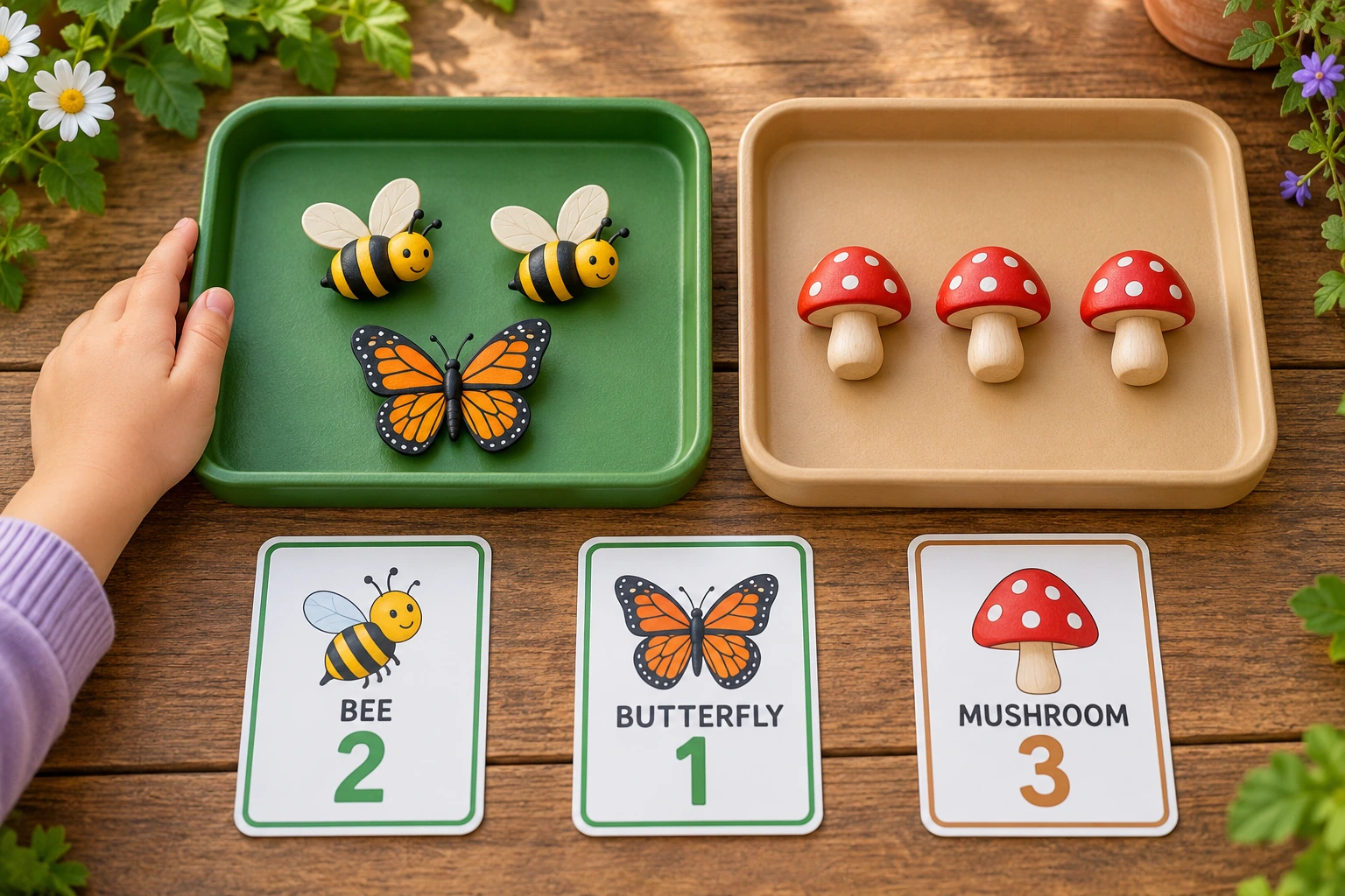 Original tactile play scene for garden group counting Two bees and one butterfly share one tray; three mushrooms occupy another, each with a correctly filled picture label.