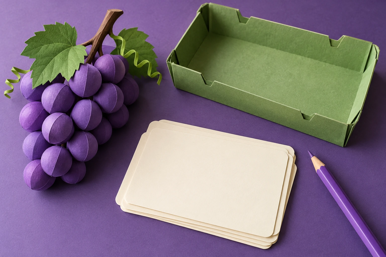 Handmade grapes learning props with unprinted writing materials for a Gg story