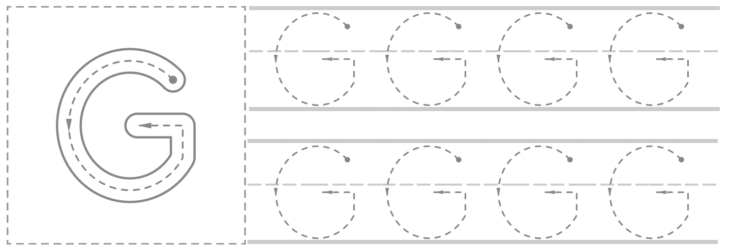 Gg uppercase panel with a large G guide and eight smaller capital tracing forms