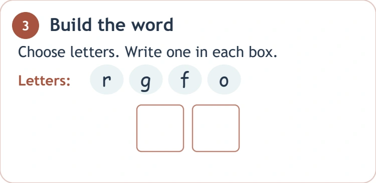 Select g and o while leaving r and f unused Letters r g f o above two writing boxes