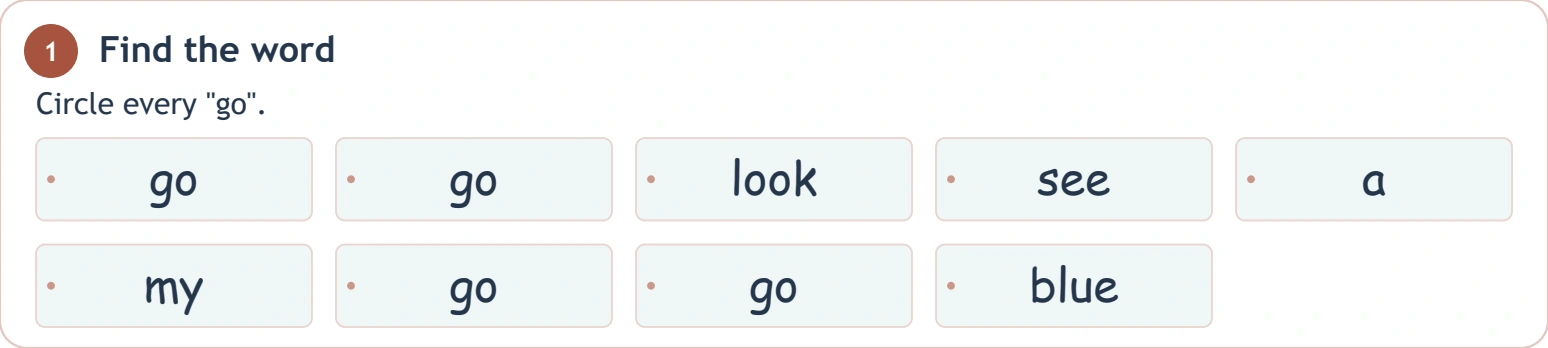Both letters must match in the journey-word search Nine source entries with four go targets and look see a my blue distractors