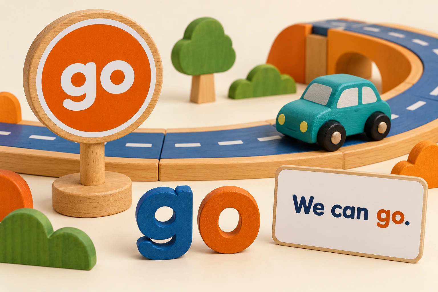 A filled road-play display keeps the written action explicit Toy car on paper road with go sign g o tiles and We can go strip