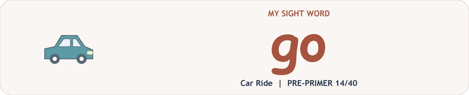 Two letters introduce the Car Ride target Large purple go model next to a small car drawing