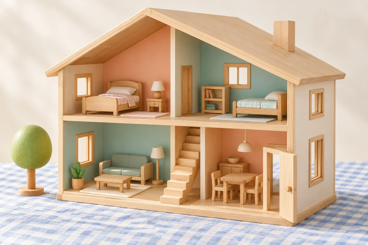 Open-front wooden toy house with a complete roof, two floors, stairs, rooms and a small tree on blue checked cloth