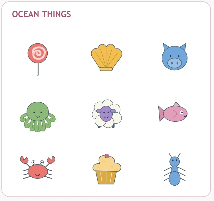 Happy Shelf Groups: ocean membership panel The OCEAN THINGS card mixes shell, octopus, fish and crab with five unrelated pictures.