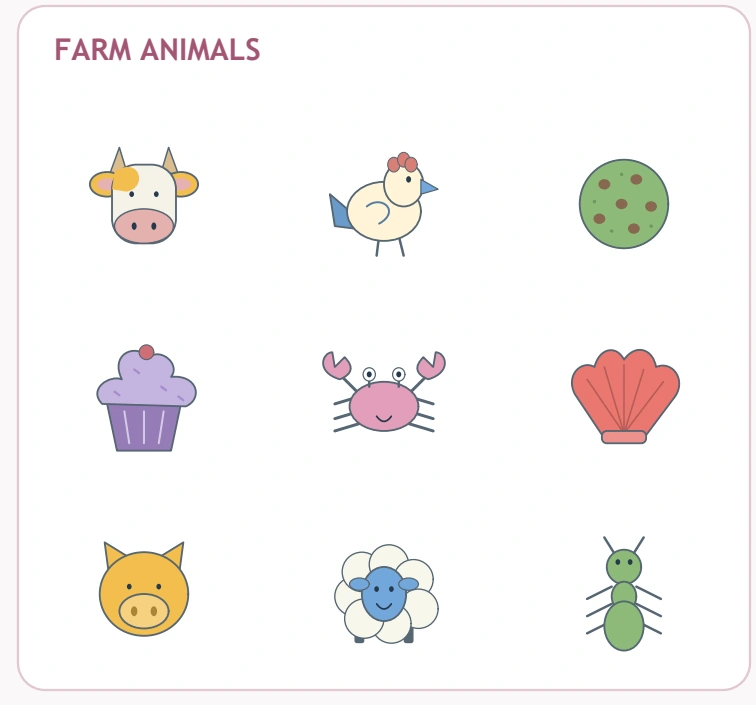Happy Shelf Groups: farm membership panel Cow, hen, pig and sheep share the FARM ANIMALS card with five distractors.