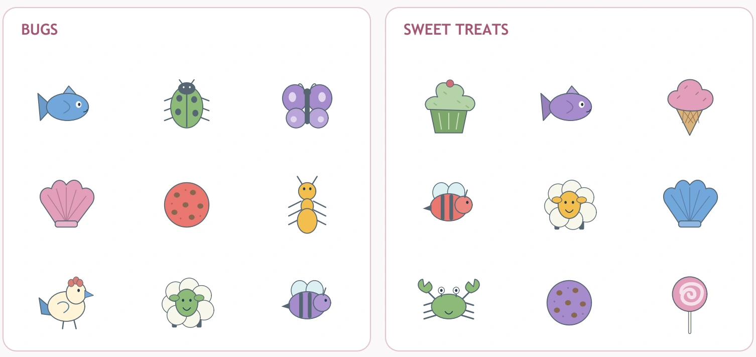 Happy Shelf Groups: bug and treat collections BUGS and SWEET TREATS each contain nine pictures under their own headings.