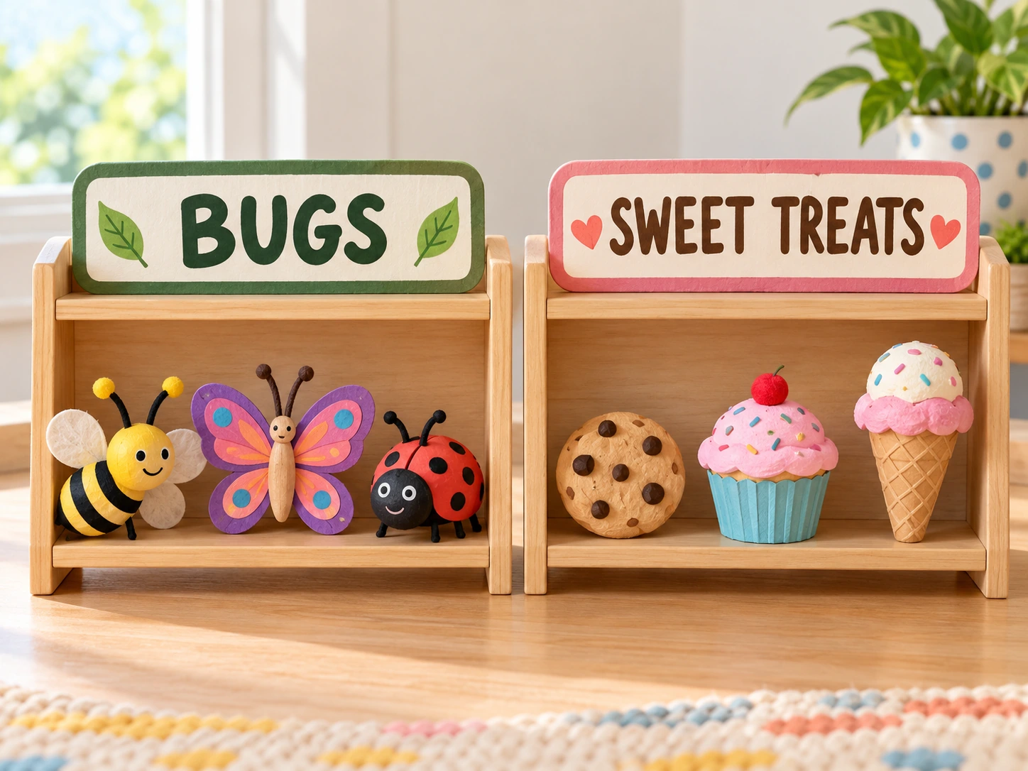 Happy Shelf Groups hands-on supporting demonstration Labelled shelves group bugs separately from sweet treats