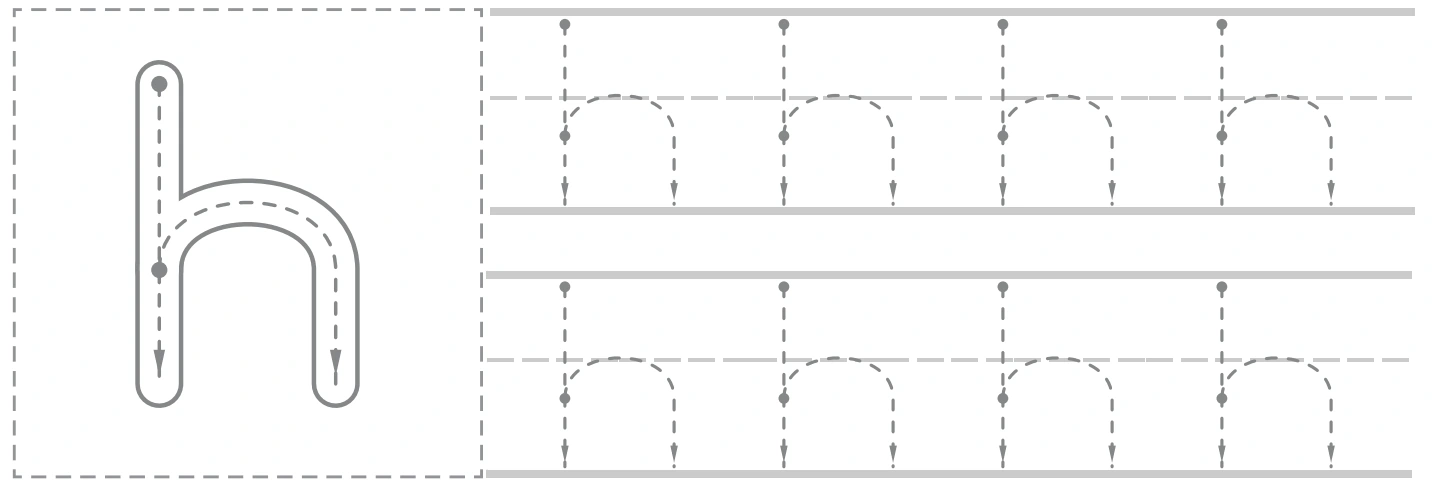 Lowercase h model beside two rows of dotted h tracing on the house page