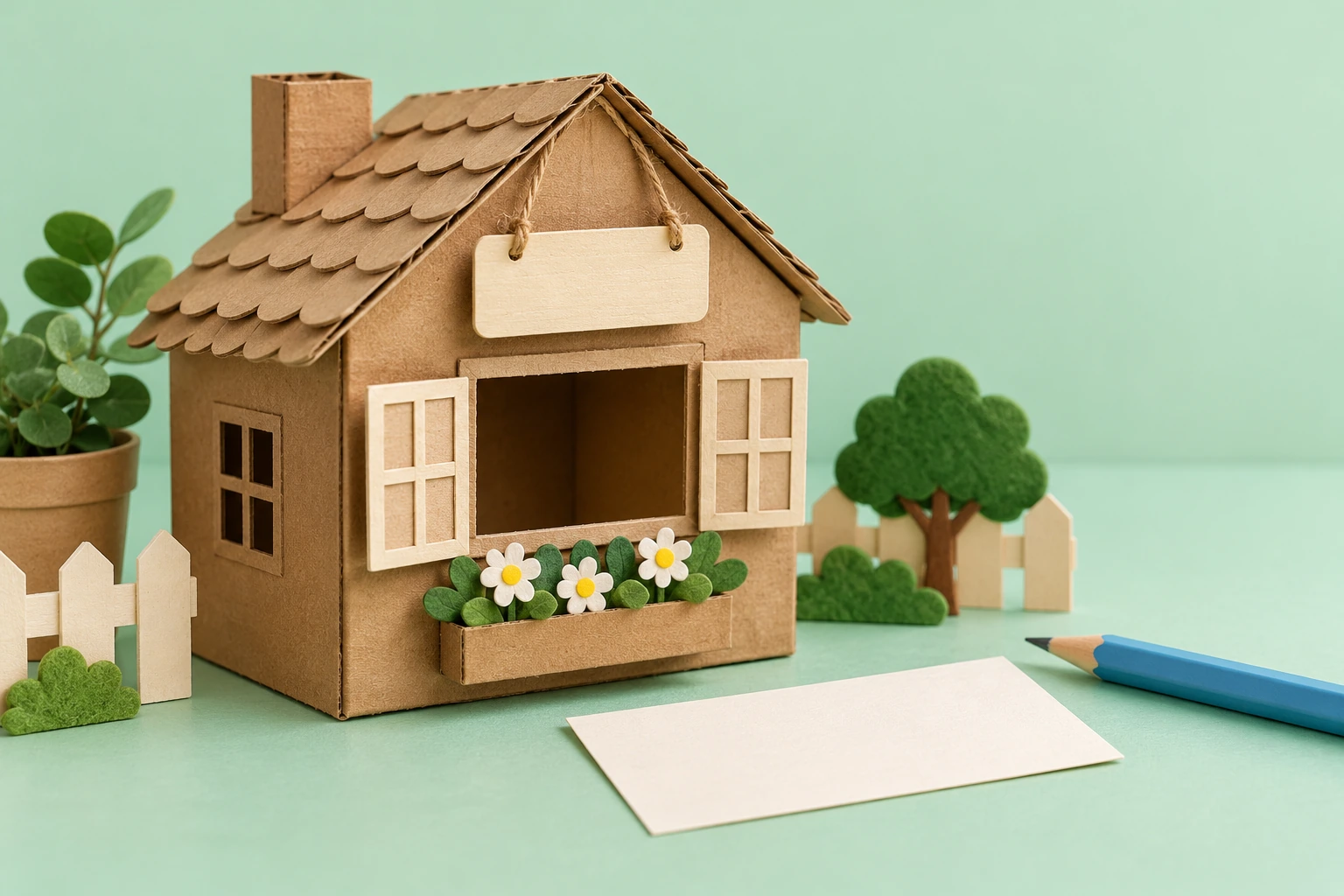 Handmade house learning props with unprinted writing materials for a Hh story