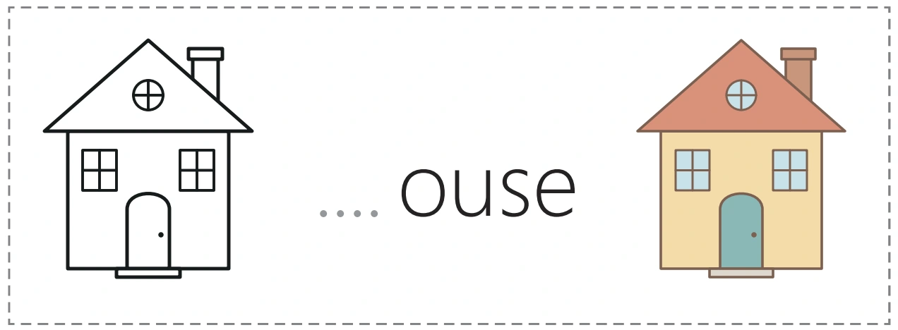An outline house, an unfinished house word and its colored picture partner