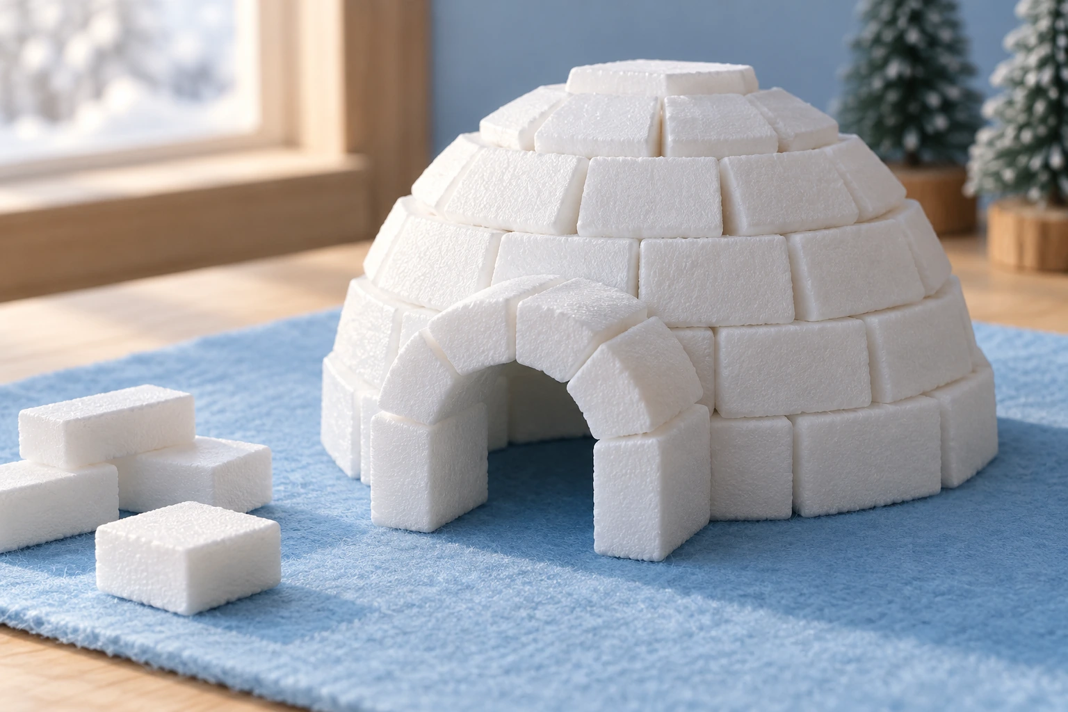 White foam-block igloo model with an arched entrance and loose blocks on a blue felt mat
