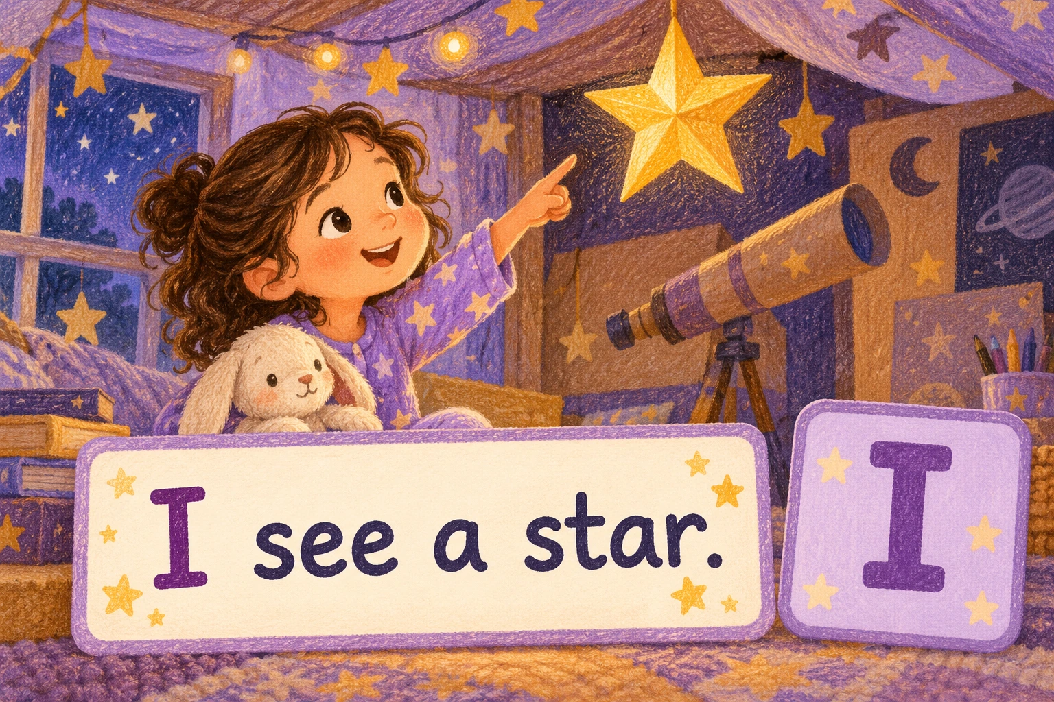 The child in the scene speaks about her own view Girl pointing to a paper star beside I card and I see a star sentence