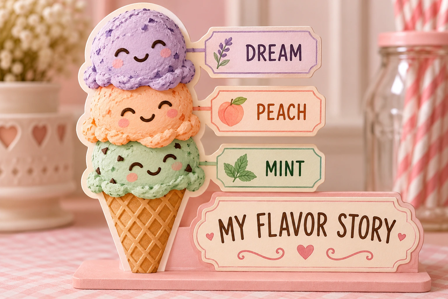 Three paper scoops above a lattice cone with MY FLAVOR STORY sign
