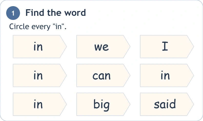 A whole-word match includes the final n Nine word cells containing four in entries and five distractors