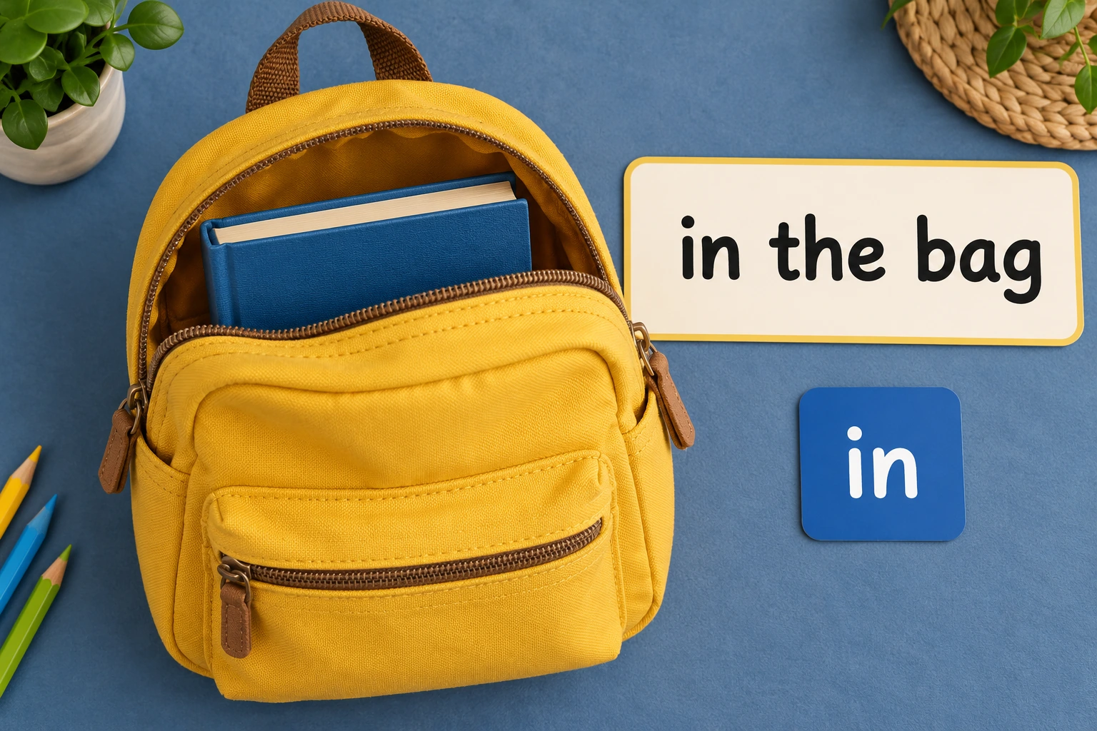 The location can be shown before its spelling is checked Book inside yellow bag beside filled in and in the bag cards