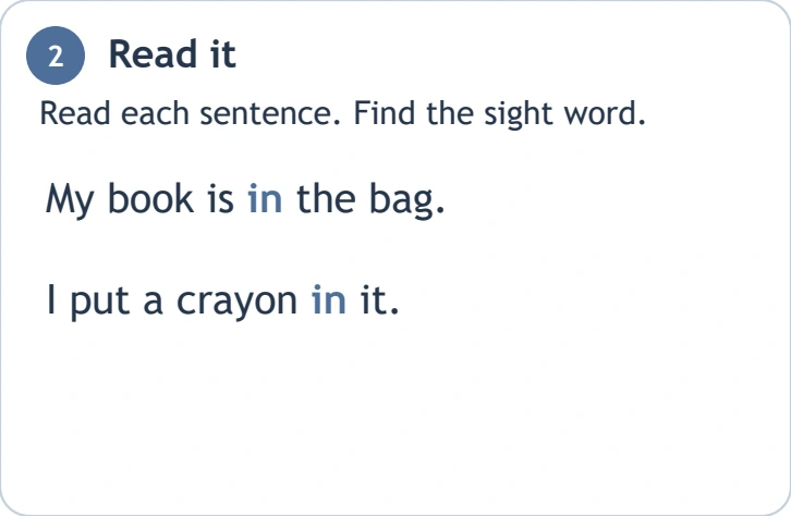 Two source messages describe an inside location Book-in-bag statement and crayon-in-it sentence from the worksheet