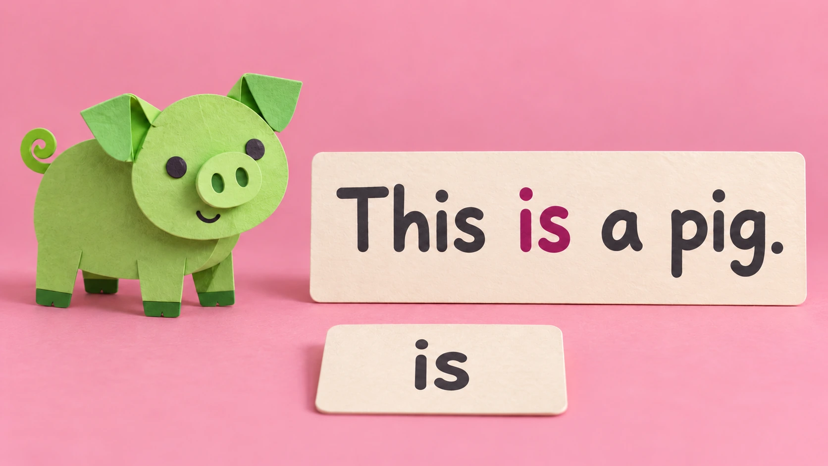 Green paper pig beside is tile and This is a pig sentence strip