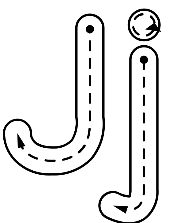 Follow the printed turn in both J/j movement models Large J and j route models with starting dots, downward paths and hooks curving left