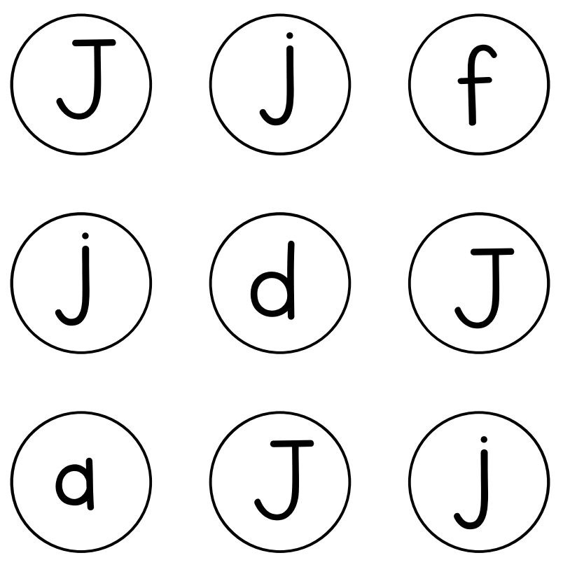 Three capital J and three lowercase j targets in the source grid J/j circle search arranged J j f, j d J, and a J j