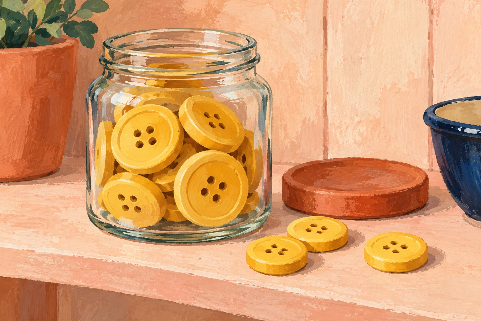 A gouache button jar for J-word story choices Painted glass jar filled with yellow buttons, with a loose lid and three buttons on a peach shelf