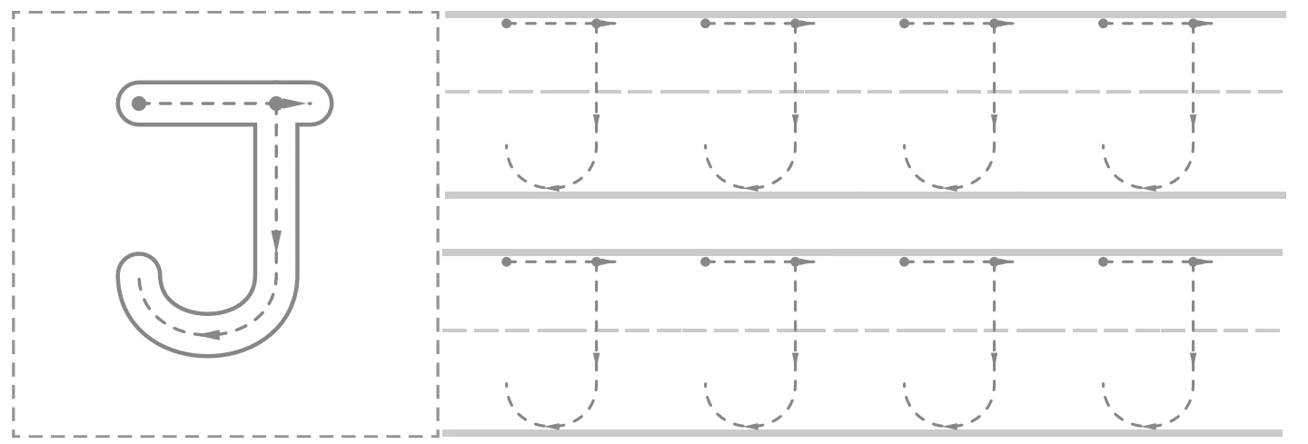 Jj uppercase panel with a large J guide and eight smaller capital tracing forms
