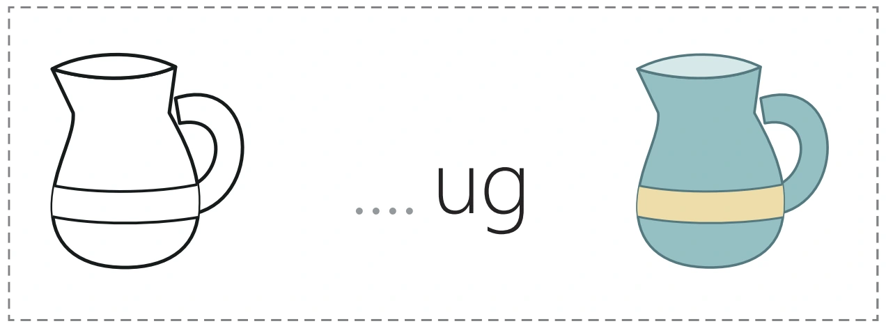 An outline jug, an unfinished jug word and its colored picture partner