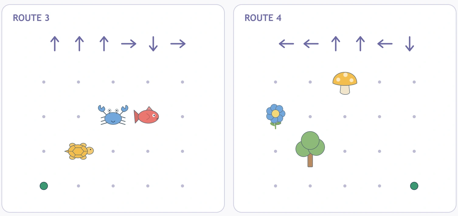 Routes three and four keep the fish, crab, turtle, tree, flower and mushroom destination options.