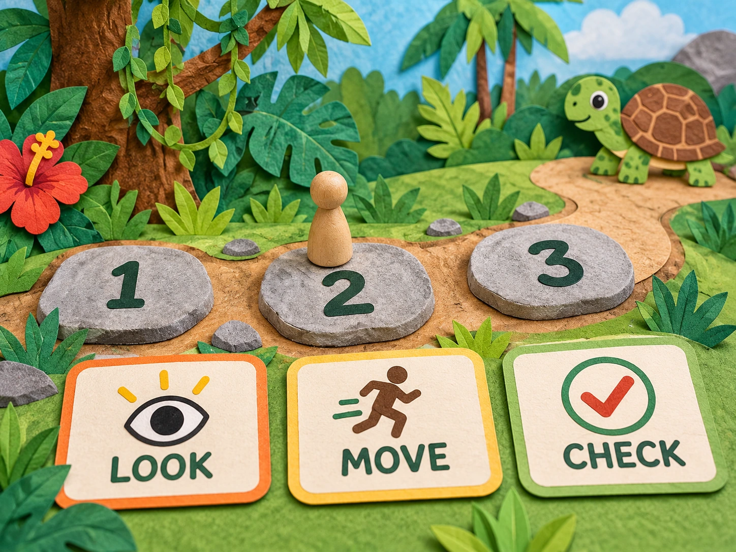 A jungle route marker separates the current place from the next move