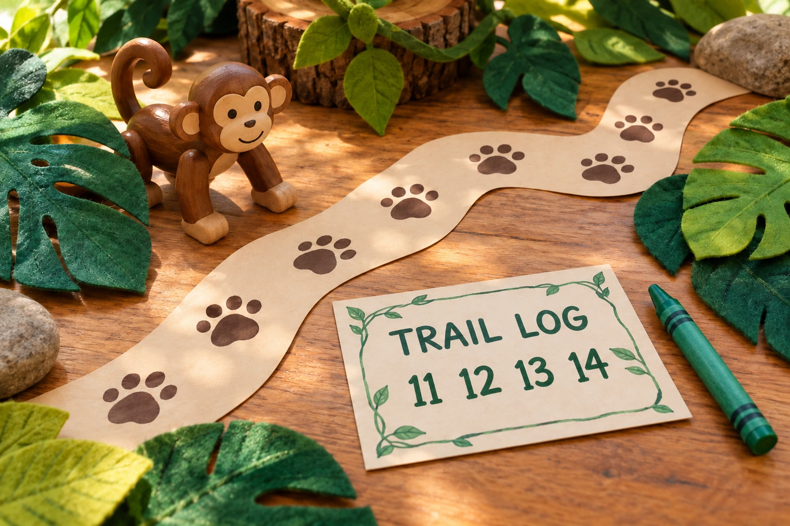 Wooden monkey and paw trail beside a TRAIL LOG card showing 11, 12, 13 and 14