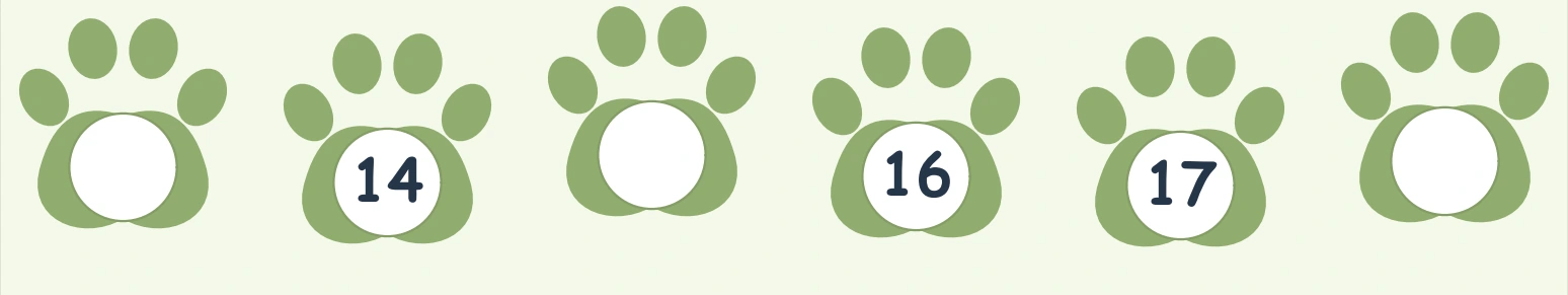 Green paw row with a blank before 14, a gap before 16 and a blank after 17