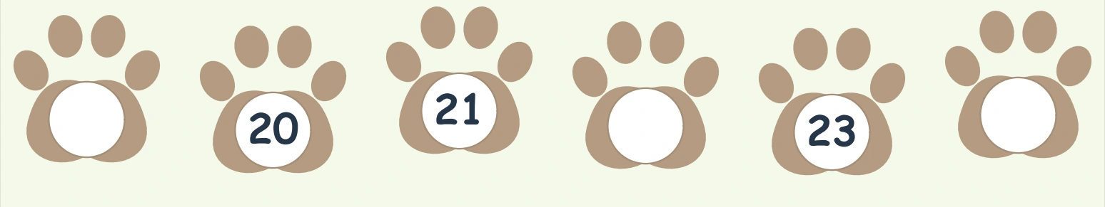 Brown paw prints with 20, 21 and 23 printed between three blank centers