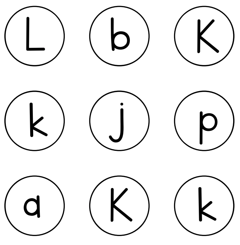 Four matching K/k circles among five other letters K/k search panel with rows L b K, k j p, and a K k