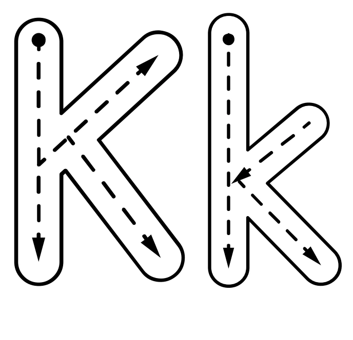 The source K/k drawings show high stems and lower lowercase branches Capital K and lowercase k arrow models with tall stems and paired diagonal branches joining at different heights