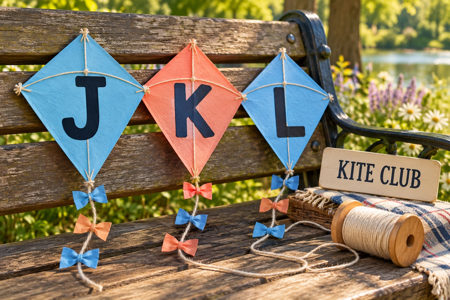 Three paper kites labeled J, K and L beside a KITE CLUB sign and string spool