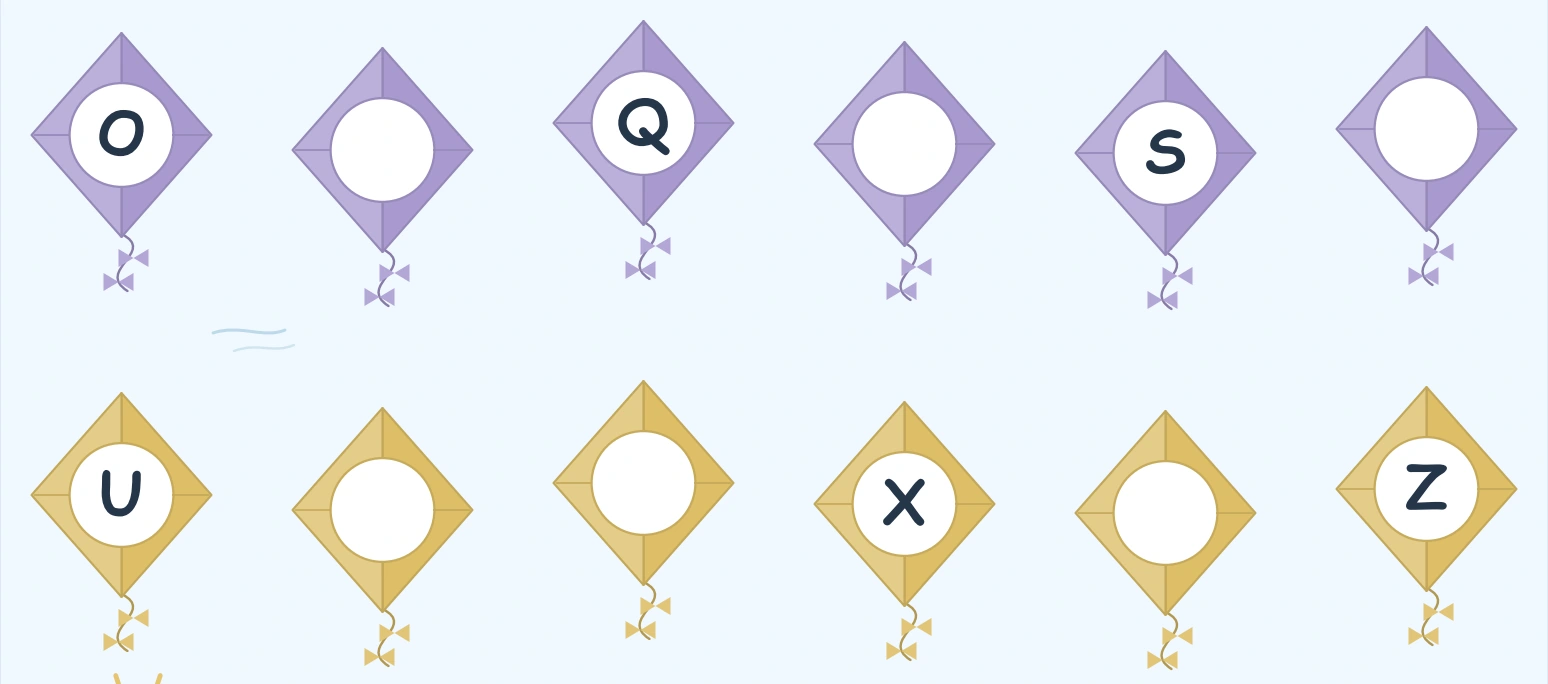 Purple and yellow kite rows covering capital O through Z