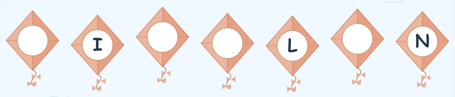 Coral kite row showing I, L and N around the missing H, J, K and M