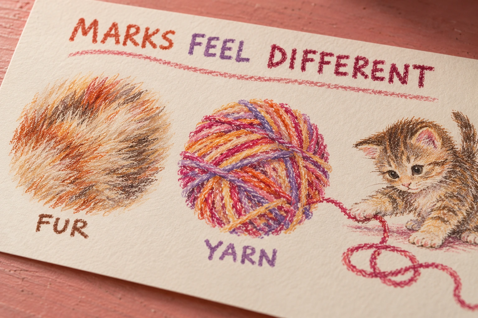 Two mark samples describe different textures Crayon studies labelled FUR and YARN under MARKS FEEL DIFFERENT