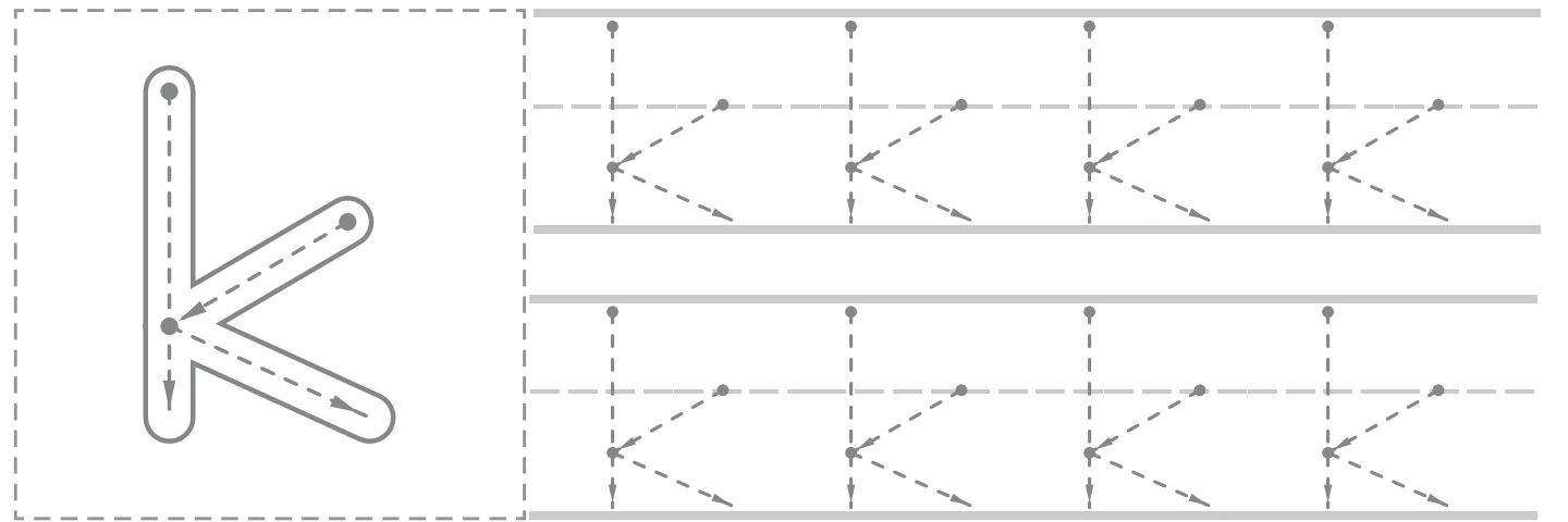 Lowercase k model beside two rows of dotted k tracing on the key page