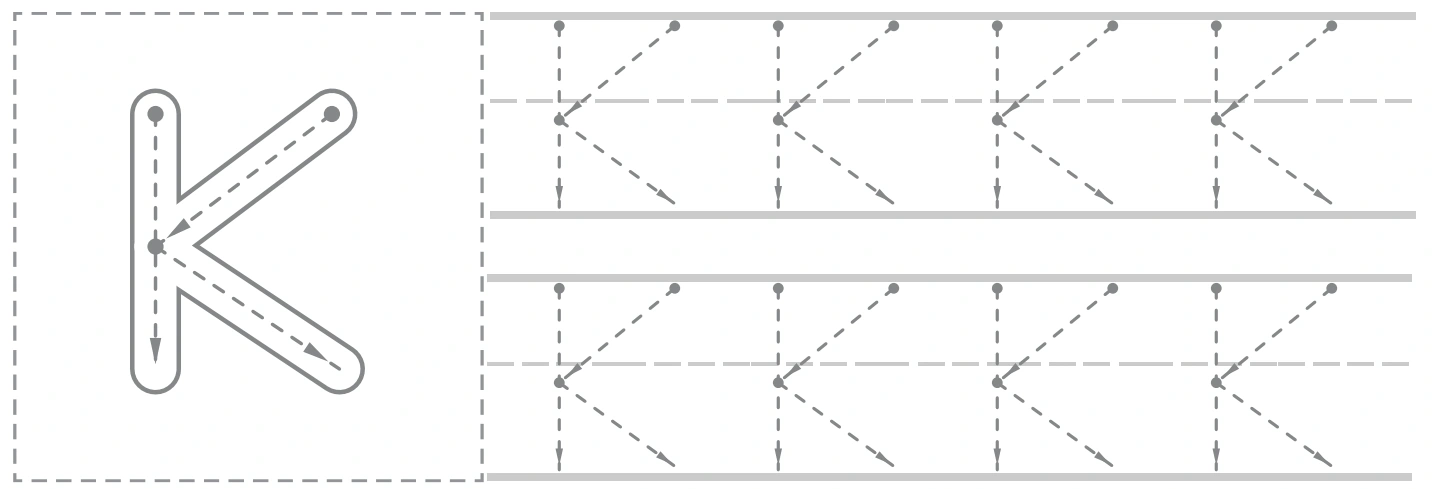 Kk uppercase panel with a large K guide and eight smaller capital tracing forms